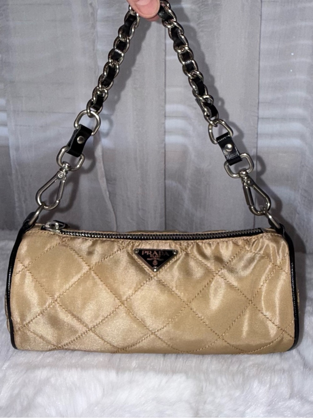 Prada Quilted Satin Mini Barrel Bag in Champagne Gold